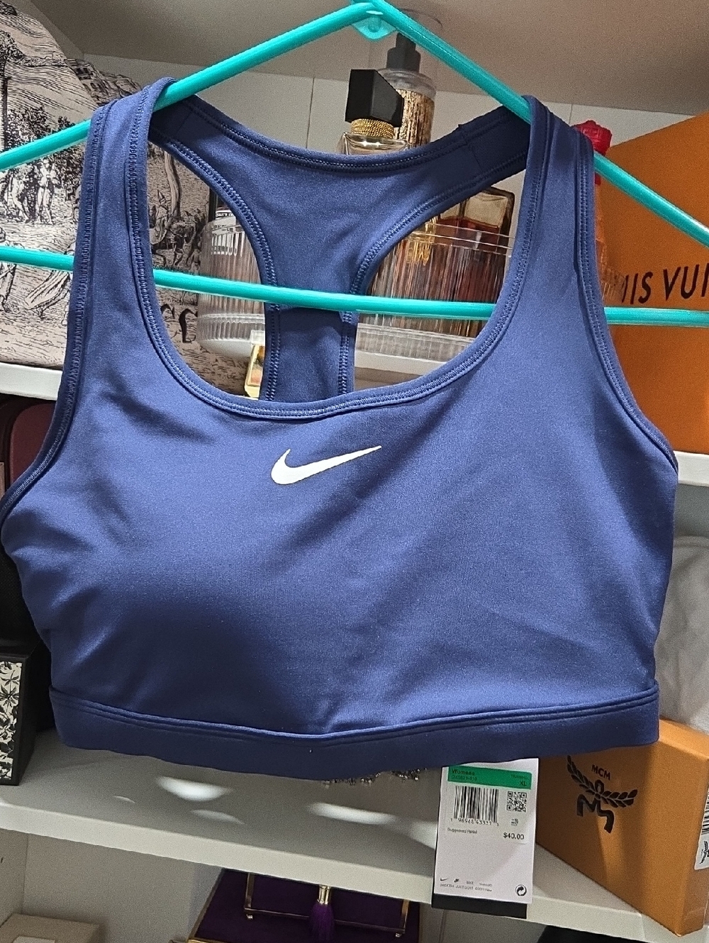 Nike Dri-FIT Racerback Sports Bra - Navy Blue with White Swoosh